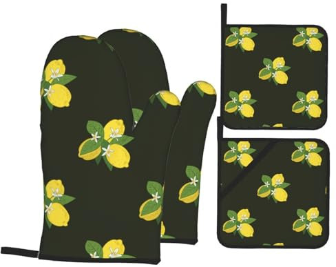 Limone con ramo e bouquet di gigli, nero, guanti da forno e presine, set da 4 pezzi, guanto da forno da cucina, presine resistenti al calore