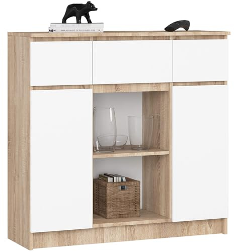 AKORD Kommode K100 mit 3 Schubladen, Schrank mit 2 Tür 6 Regalböden, Für das Wohnzimmer Schlafzimmer, Moderne, 16mm Laminierte Platte, B101xH98xT35 cm, Farbe Sonoma-Eiche & Weiß