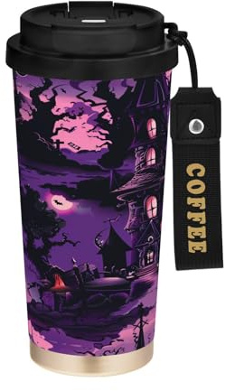 Bicchiere da caffè da viaggio con coperchio, gigante, gotico, viola, per Halloween, tazza termica da viaggio in acciaio inox, per caldo e freddo, 500 ml, a prova di perdite