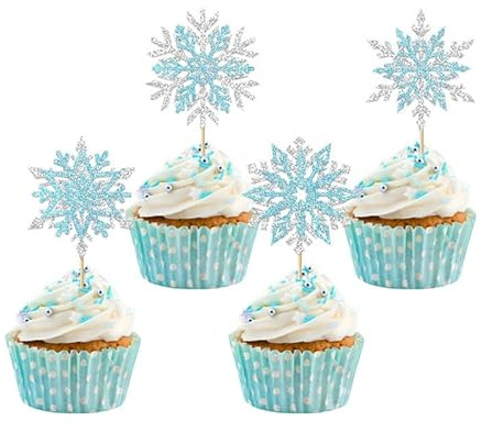 VARACL Cupcake-Topper mit Schneeflocken, doppelschichtig, glitzernd, für Weihnachten, Party, Dekoration, Babyparty, Geburtstag, Winter, Frozen, Partyzubehör, Dekoration, 24 Stück