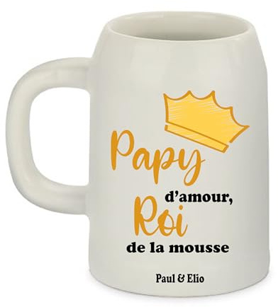 Chope de Bière Personnalisée 500 ml – Papy d’Amour Roi de la Mousse – Chope Officielle Imprimée avec Prénoms – Cadeau Fête des Grands-Pères, Anniversaire