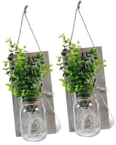 BAZEITFLOW 2 Sets Mason Jar Wall Lights with LED Copper Wire Decorative Hanging Jar Sconces with Plant Easy Install Romantic Wall Decorations for Living Garden Kitchen