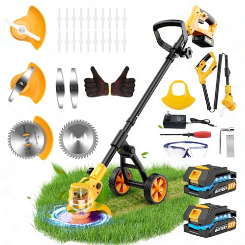 Debroussailleuse Electrique sans Fil, Débroussailleuse Batterie avec 2 Batteries 2,0 Ah, Chargeur et Roues Amovibles, 21V Coupe Bordure sans Fil avec Batterie pour Tondre Le Jardin et la Pelouse.