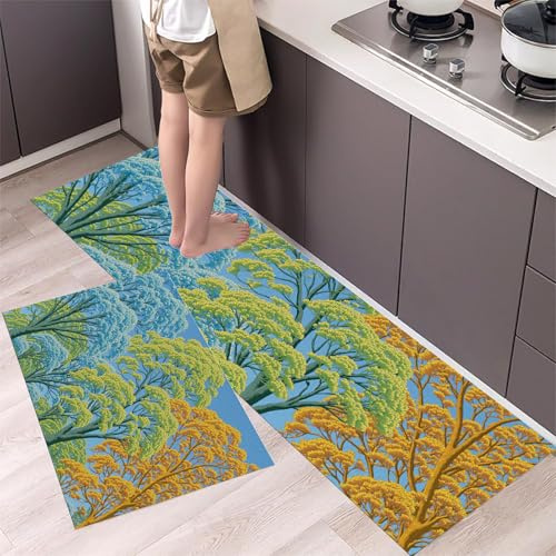 2-Piece Kitchen Runner Rug Set Forest Linoleum Prints Washable Non-Slip Floor Mat, Tall Trees in Autumn Soft Stain Resistant Carpet for Sink Cooking Area,for High Traffic Area(20X30+20X59,Blue)