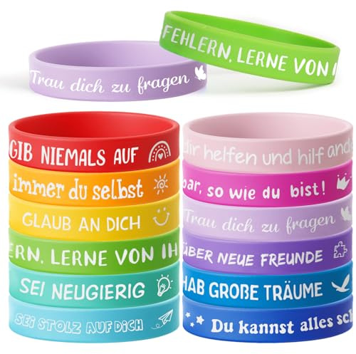 24 Stück Motivationsarmbänder Kinder auf Deutsch 18 cm Silikonarmband | Mitgebsel Mitbringsel Kindergeburtstag Einschulung Geschenk Schultüte Füllung Schulkind Silikon Armbänder