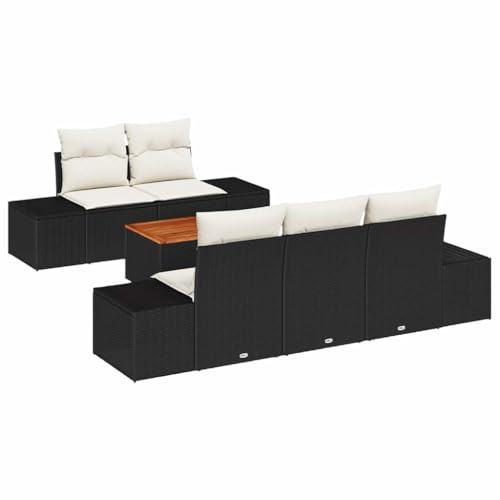Qnhdfrt Juego de 6 sofás de jardín de polirratán en color negro, conjunto modular con mesa de madera de acacia y tapicería, conjunto de salón para terraza y jardín, 5 plazas