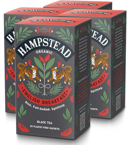 Hampstead Organic English Breakfast Tea, Bold Black Tea (80 Bags) | Blend with African & Assam Leaves, 100% Organic, Home-Compostable Tea Bags, Ethically Sourced