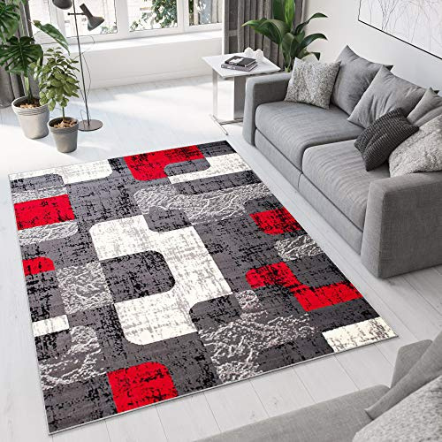 TAPISO Dream Teppich Wohnzimmer Schlafzimmer Kurzflor Modern Grau Rot Creme Karo Retro Vierecke Meliert ÖKOTEX 300 x 400 cm