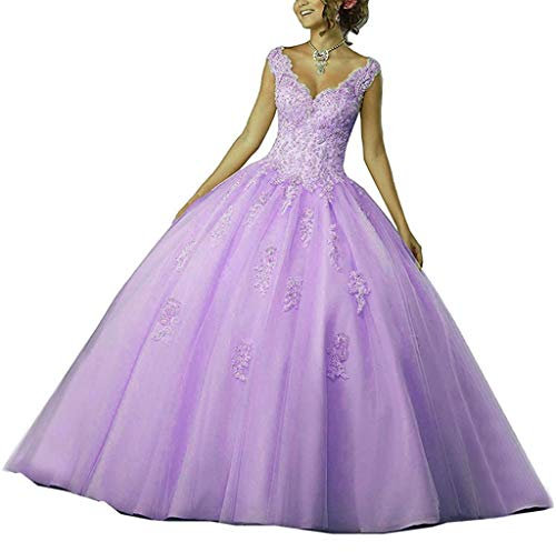 Vantexi Vestidos de quinceañera con escote en V para mujer con encaje, vestidos de noche largos, vestidos de boda elegantes, vestidos de baile, Color lila., 40
