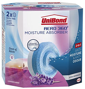 UniBond AERO 360° Moisture Absorber Lavender Garden Refill Tab, aromatherapy, ultra-absorbent and odour-neutralising, for AERO 360° Dehumidifier, Condensation Absorbers, Twin Pack (2 x 450g)