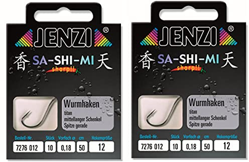 Set # 2 Packungen (20 Stück) Wurmhaken von Jenzi, fertig gebunden, Hakengrößen 2 4 5 6 8 10 12 14, 50 cm +gratis Petri Heil! Aufkleber