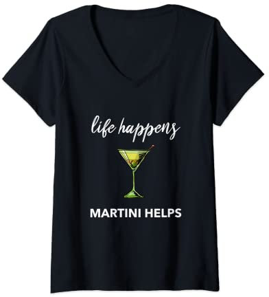Women's Womens Martini Shirt Dirty Glass Life Happens Martini Helps V-Neck T-Shirt