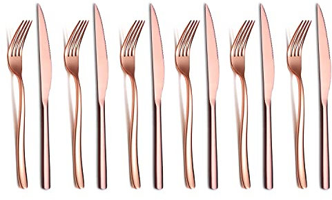 Set Di Coltelli Da Bistecca 12 Pezzi,Set Di 6 Forchette E 6 Coltello Da Tavola In Acciaio Inossidabile Premium,coltelli da bistecca forchette da bistecca per 6 persone (Rame Lucido)