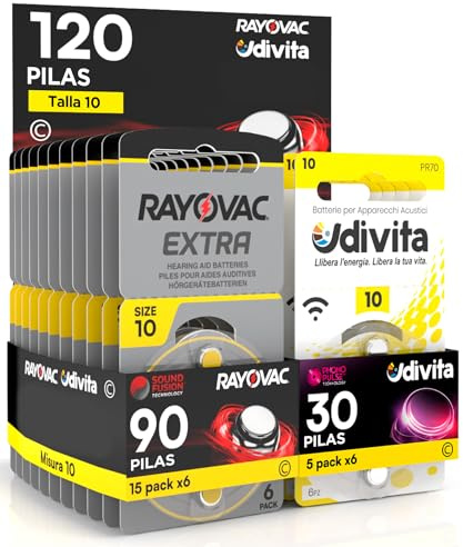 120 Baterías para Audífonos Medida 10 PR70 Amarillas Zinc Aire Phono Pulse Technology en 20 Blíster de 6 Pilas 120 Baterías 90 Rayovac + 30 Udivita