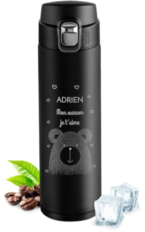 Maverton Bouteille isotherme personnalisable 50cl, Mug de voyage à café/thé | Thermos hermétique avec gravure cadeau homme, saint valentin, Gourde isotherme, pour lui/cadeau copain, ourson