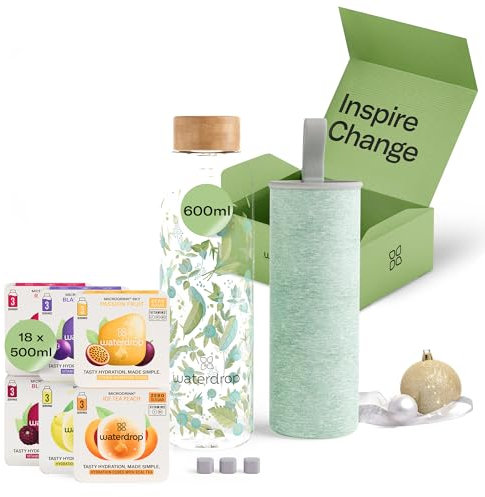 waterdrop® Flasche aus Glas 600ml inkl. 18 zuckerfreie Drops - Geschenk für Frauen - Probierpaket mit Wasserflasche, Flavor Drops & Vitaminen - auslaufsichere Trinkflasche & Kohlensäure geeignet