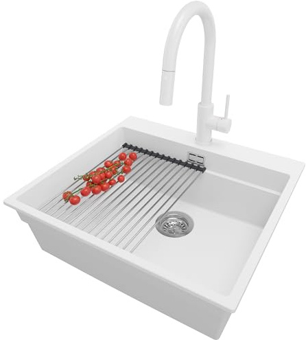 PRIMAGRAN Fregadero Granito Blanco 58x53cm, Cocina 1 Seno + Grifo 40x20cm + Sifón + Enrollable Escurridor, Sobre Encimera al Mueble 60cm - Oslo Max Level S166
