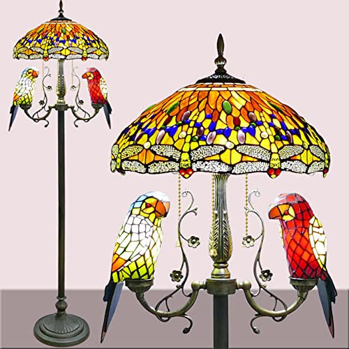 AIBOTY Parrot Stehleuchte Tiffany Style 64 Zoll Hoch Buntglasschirm Crystal Bead Dragonfly 5 Light Reading Stehleuchte Für Schlafzimmer Wohnzimmer,Orange
