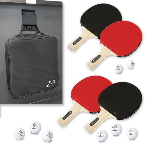 EastPoint Sports Tischtennis-Paddel für 4 Spieler & Ping-Pong-Ball Set – inklusive 4 Holzpaddel, 12 Bällen und 1 Aufbewahrungstasche – werten Sie Ihre Tischtennisplatte auf, Schwarz/Rot