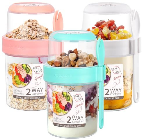 3 PCS 2-Tier Breakfast Cups, 310ml+560ml Yogurt Pots with Lids and Spoon, Reusable Overnight Oats Container, Breakfast Pot To Go Muesli Fruit Salad Jars Split Oat Yogurt Cup Dishwasher Safe