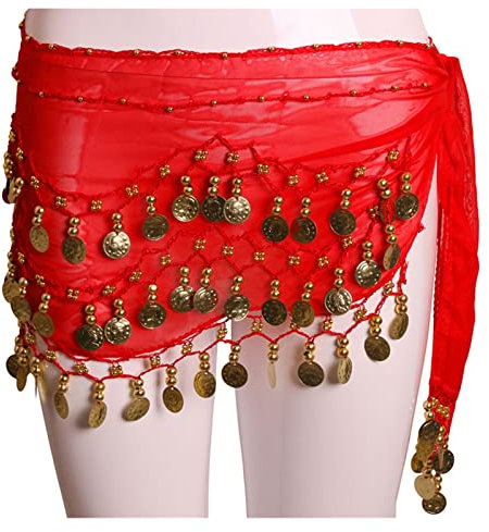 Hüfttuch für den Bauchtanz, Dame, Damen, Bauchtanz-Hüfttuch, Zubehör, 3-reihiger Gürtelrock mit goldfarbenen Bauchtanz-Münzen, Taillenkettenwickel, Tanzkleidung für Erwachsene (Farbe: 8, Größe: Einh