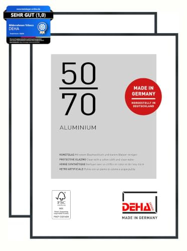 DEHA Design Aluminium Bilderrahmen Tribeca, 50 x 70 cm 2er Set, Schwarz | Aluminium Posterrahmen im Hoch- & Querformat zum Aufhängen Schwarz gebürstet bruchsicheres Kunstglas