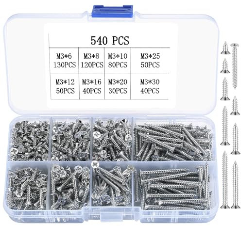 SZSLMY 540 Pcs M3 Screws Assortment Set, Blue Zinc Phillips Flat Head Self-Tapping Screws, M3x6mm-M3x30mm