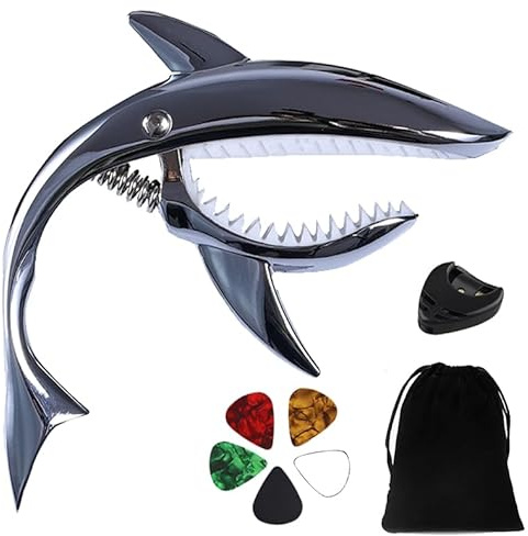 Rrayia Professional Shark Guitar Capo, Zinc Alloy Ergonomic Design for Acoustic Electric Classical Guitars, No Fret Buzz, Silicone Pad Protects Guitar Neck, for Beginners & Pros(Silver)
