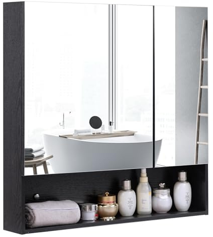 ALIMORDEN Medicine Cabinet with Mirror and Shelves, Bathroom Wall Cabinet with Jewelry Organizer, Vanity, Recessed or Surface Mount, 30.4 L x 29.5 H, Black