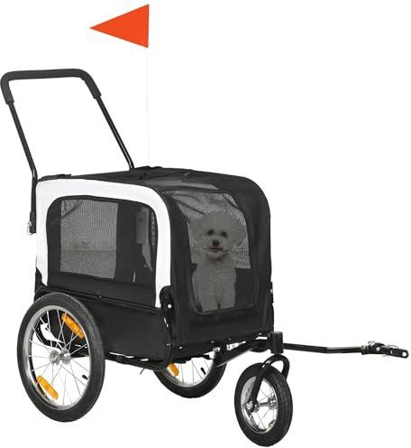 PawHut - Remolque de bicicleta Jogger 2 en 1 para mascotas, remolque de bicicleta para perro, correa de seguridad con bandera de rueda delantera giratoria reflectores, color negro