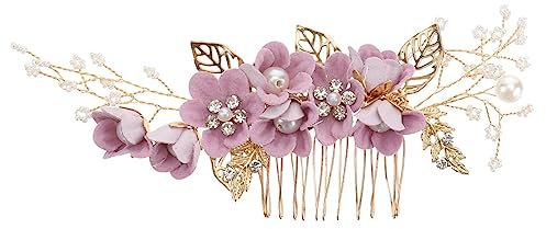 GodlSoon Blumen-Fascinator, Braut-Hochzeits-Haarkamm, Blumenkämme for Haare, Strass-Perlen, Blatt-Haarteil, Kristall-Haar-Seitenkamm for Frauen und Mädchen, rosig(Color:Purple)