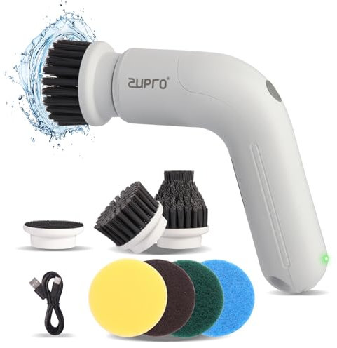 Zupro Electric Spin Scrubber,Portable Cordless Cleaning Brush,with 6 Replaceable Brush Heads,90Mins Work Time,Strong Power.Used for Surface Cleaning of Tiles,Metals,Wood,Glass,Plastics,etc.White