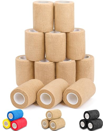 AZEN 12 Pack Self Adhesive Bandage Wrap, 3 X 5 Yards Elastic Cohesive Bandage Wrap, Vet Wrap, Ankle Tape, Tattoo Grip Tape Wrap, Skin Color Athletic Tape