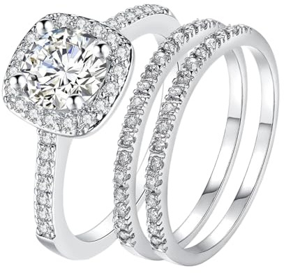 JewelryWe Ring kvinnor rostfritt stål förlovningsring: uppsättning av 3 damringar glänsande fyrkantiga zirkonia charm vigselringar vigselringar stapelbara löften bröllop band stapelbara ringar för