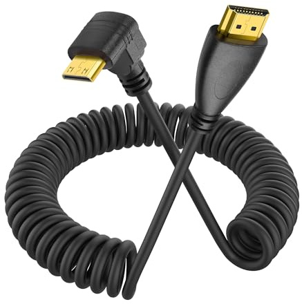 YACSEJAO 90 Grad Mini HDMI Spiralkabel Mini HDMI Stecker auf HDMI Stecker Stretch Spiralkabel für Kameras, DSLRs, Camcorder, tragbare Bildschirme und Monitore (Winkel unten)