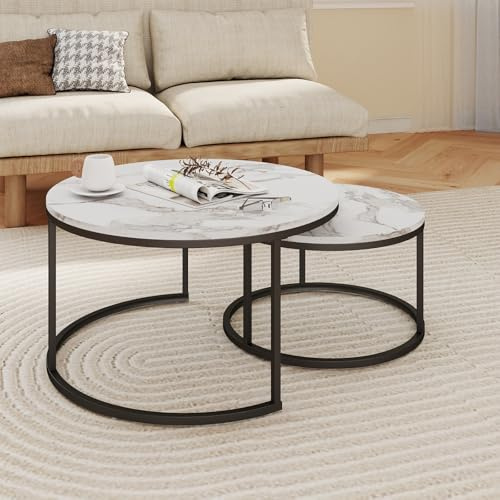 Soayone Couchtisch Rund Schwarz, Wohnzimmertisch Weiß mit Schwarz Metallgestell, Coffee Table, Couch Tisch, Couchtisch Marmor Optik, Kaffeetisch, Tisch Klein 80x80x45 & 60x60x35cm