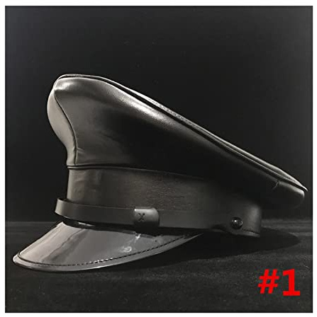 Lederkappe Schwarzer Leder Deutschland Offizier Visor Cap Armee Hut Cortical Mil-Itar Hüte Cap Cosplay Halloween Hut Größe M l XXL.(Black 1,M 57CM)