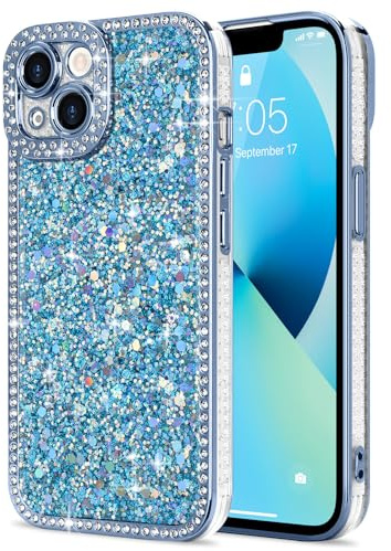 Lafunda för iPhone 13 fodral för kvinnor flickor, lyxig bling glitter diamanter kristall festival glänsande fodral kameraskydd, stötsäkert silikon TPU telefonskydd för iPhone 13 6,1 tum, blå