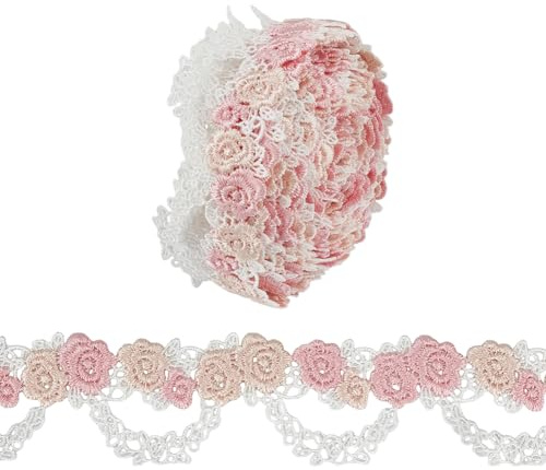 MAYJOYDIY 4.5m Rosa Rosenblüten Bestickte Spitzenborte 40mm Blumenapplikationen Für Hochzeiten Nähen Basteln Weißes Spitzenband Mit Rankenrand Für Hutkleider Kostümverzierung DIY Party Dekoration