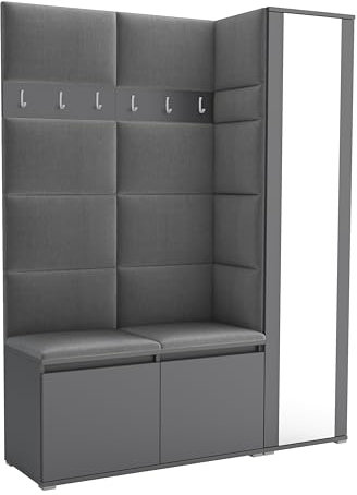 Brent - Garderobenschrank Flur Grau mit sitzbank 145 cm Breit Luton 7 - Multifunktionale Flurgarderobe Set mit Stauraum und Wandpaneel, Garderobe mit Sitzfläche und Kleiderhaken