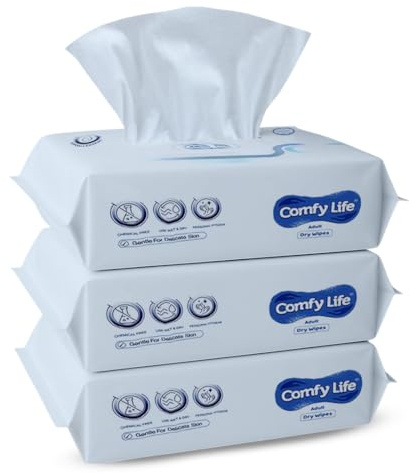 Comfy Life Dry Wipes for Adult Personal Care – Soft & Extra Large Body Cleaning Wipes – 300 Sheets (Pack of 3) – Unscented, Gentle for Sensitive Skin, Bathing & Incontinence Care - 30x25 cm