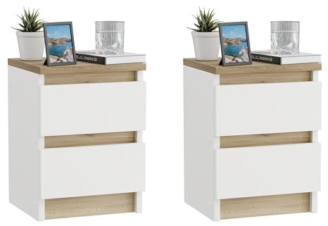 ComfortCove Nachttisch 2er-Set, Nachtschrank 2er-Set, Weiß/Eiche | Nachttische mit 2 Schubladen, Nachtkästchen