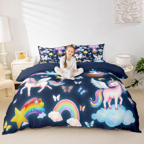 Homemissing Fille Parure de lit 220 x 240 cm 3 Pièces Licorne Housse de Couette Bleu Décoration de Chambre pour Enfants et Adolescents Rainbow et Ballon à air Chaud Imprimer Ensemble de literie