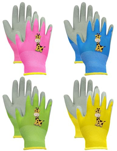 BORISCA 4 Paar Gartenhandschuhe Kinder, Arbeitshandschuhe Kinder mit Giraffenmuster in 4 Farben, Niedliche kinderhandschuhe Garten Verschleißfeste Rutschfeste Schutzhandschuhe für 3-5 Jahre kinder