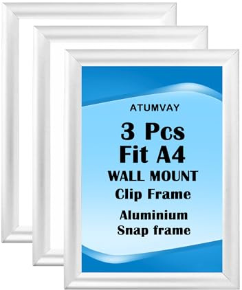 A4 Silver Snap Poster Frame 3pcs Wall Mount Clip Waterproof Aluminum Frame | 25mm Aluminum Front Opening Snap Frame Display Holder for Poster Artwork Picture Home and Office