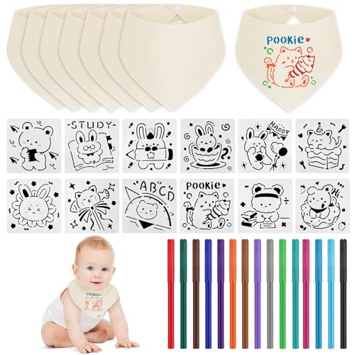 JTgugu Lot de 8 bavoirs triangulaires pour bébé à peindre - Blanc - En coton - Avec 12 pochoirs de peinture et 15 stylos textiles - Imperméables - Cadeau de fête prénatale - Pour garçons et filles