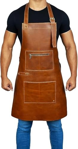 HEAVEN HUSH CRAFTING ELEGANCE Genuine Premium Leather Apron for Men & Women, Adjustable Straps & 2 Tool Pockets With Zip