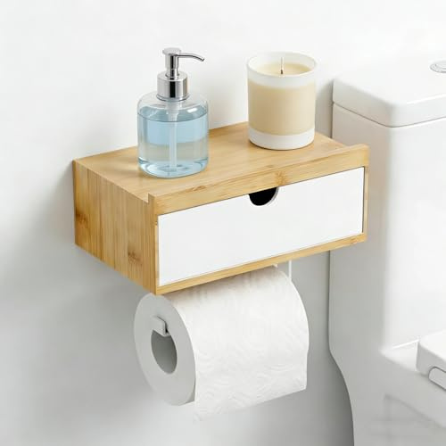 Vninkul Porte Papier Toilette Bambou, 23,5 x 16 x 14,5 cm Support Papier Toilette Mural, Distributeur Papier Toilette Mural avec Tiroir de Rangement pour Cuisine, Bureau, Salle de Bain (Blanc)