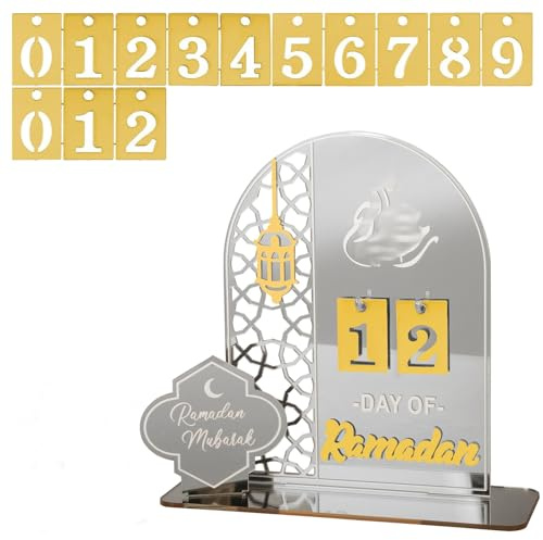 Ramadan Kalender, Ramadan Deko Eid Mubarak Kalender Acrylic Kinder 30 Tage Countdown Eid Adventskalender DIY Home Party Dekoration Ornament Geschenke Zuhause Tischdekorationen Silber