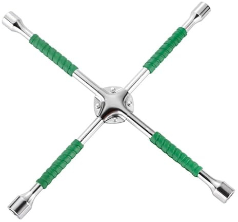 FUANA Clé à ergot 4 voies 18/20 pouces robuste avec douilles 17/19/21/23 mm pour écrous de roue de voiture, vert argenté 20 pouces
